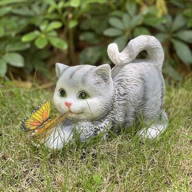 Cat Figurine Garden Decor Cat Garden Decoration Butterflies Solar Lights for Outdoors Balcony Garden Decoration Courtyard Layout Cute Cat Top Butterfly Ornaments Resin Solar Lights (gray)