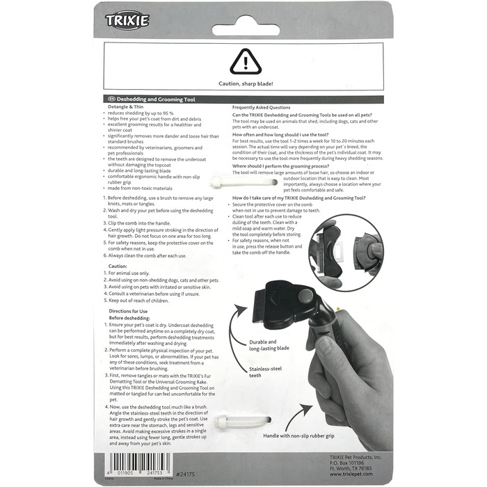 Тріксі Щітка для грумінгу собак та котів з короткою та жорсткою шерстю - змінний гребінець, сталеві леза, зручна ручка, чорно-синя, 7 x 15 см