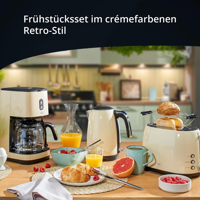 Набір для сніданку KHG: чайник та тостер, кремово-бежевий, ретро-стиль, 1.7 л, 2 тости, 360° обертання, кнопка відкривання, індикатор, регулювання ступеня підсмажування, функції підігріву та розморожування (комплект)
