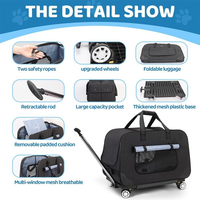 Переносний переноска для тварин з телескопічною ручкою, переноски для собак та котів з колесами (Чорний)