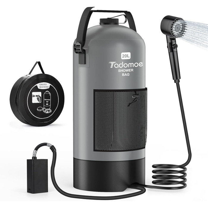Сонячний душ Tadomoe 20L з насосом та сумкою, 2000mAh, для кемпінгу, пляжу, подорожей (сірий)