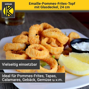 Каструля Krüger для фритюру, емальована, з хромованим обідком, ситом і скляною кришкою, 24 см — для смаження картоплі фрі, кальмарів, ідеальна теплопровідність