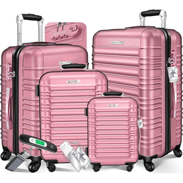 Набір валіз KESSER® з ABS-пластику (S-M-L-XL) з телескопічною ручкою, 4 колеса, ваги та бірка, рожевий