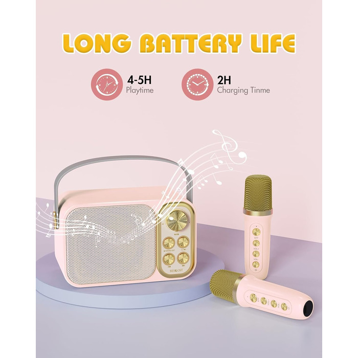 Караоке машина з 2 мікрофонами, портативна Bluetooth колонка для дітей та дорослих, 7 голосових ефектів, ідеально для вечірок та днів народження, рожева