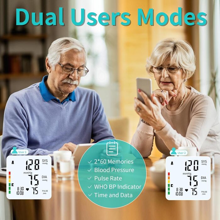 Тонометр EUROPAPA на плече для дому, вимірювання пульсу та артеріального тиску, велика манжета (22-42 см), 2 * 60 пам'ять, для 2 користувачів