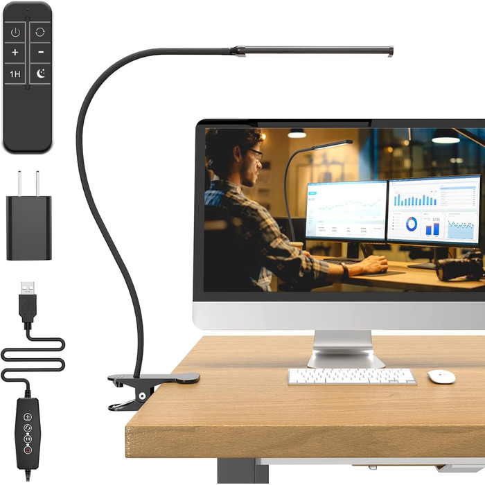 Лампа настільна LED Mojimdo 77 з пультом, 40 см, 3 кольори, 5 рівнів яскравості, гнучкий поворот 360°, USB-зарядка, чорна (70 см висота)