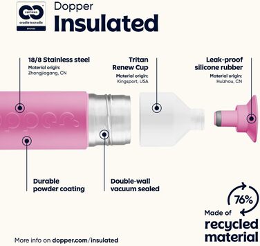 Dopper 580ml Insulated Stainless Steel Water Bottle - Leakproof, Keeps Drinks Cold for 24h / Hot for 9h - Thermos, Coffee Mug, Tea Bottle - Pelican Pink