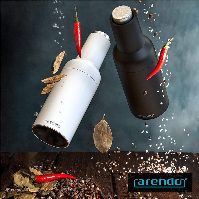 Arendo - Electric Salt and Pepper Mills - 2-Piece Set - One-Handed Operation - Grinds Automatically When Tilted - Battery Powered, Spice Grinder with Ceramic Grinder - Grind Sizes Infinitely Adjustable