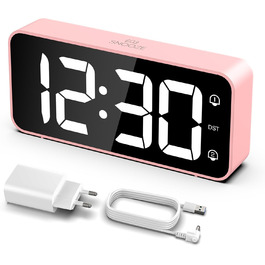 LED-годинник LATEC з двома будильниками, USB-порт для зарядки, регулювання яскравості, гучність 90-120 дБ, 8 мелодій, 12/24 год, мережевий (рожевий)