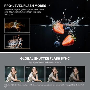 Спалахувач Godox V480F TTL для камер Fujifilm, сенсорний екран, гнучкий поворотний наголовник, дифузор, GN50, HSS 1/8000s, до 650 спалахів на повній потужності, час перезарядки 1.7 сек.