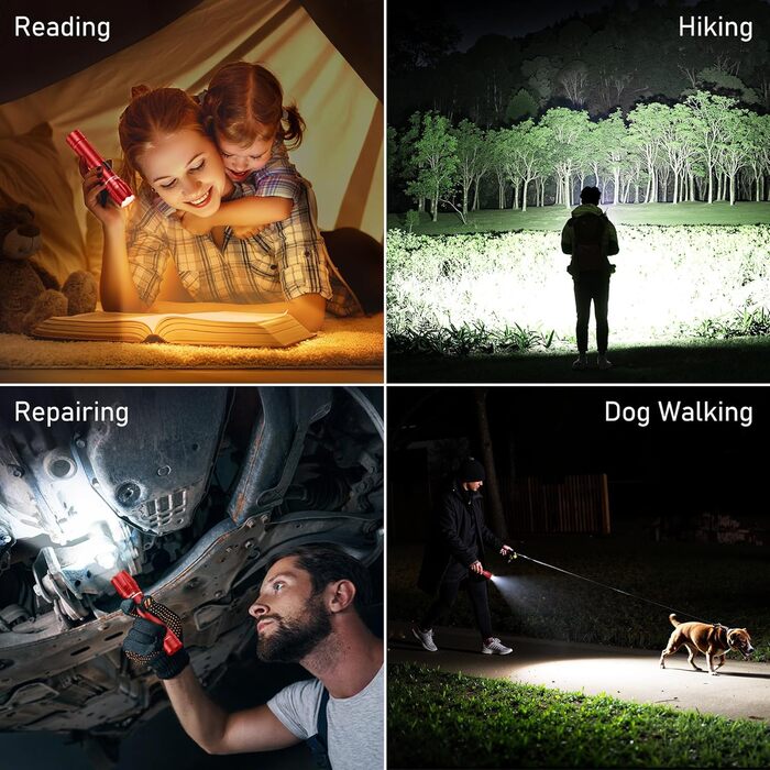 LED ліхтарик Blukar з регулюванням температури світла, 2000 люмен, зум, 10 режимів, вологостійкий, для кемпінгу та активного відпочинку (червоний)