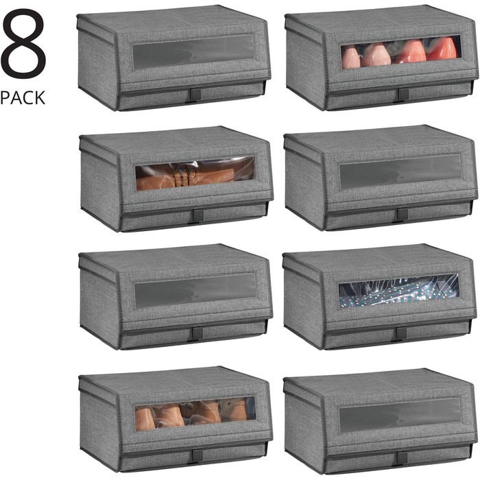 mDesign 8-Piece Fabric Shoe Storage Set – Stackable Shoe Box with Viewing Window, Velcro Closure, and Flip-Top Lid – Storage Box for Closet or Shelf – Dark Gray