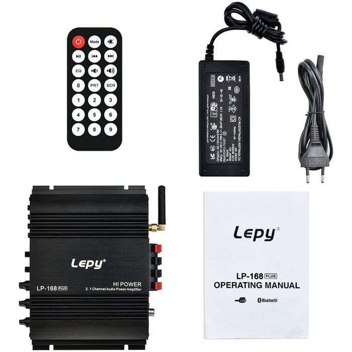 Lepy LP-168 Plus Bluetooth підсилювач 2.1 канали, 2x45Вт+68Вт, HiFi цифровий стерео бас, USB, MP3, MP4, DVD, для авто, з LED підсвіткою
