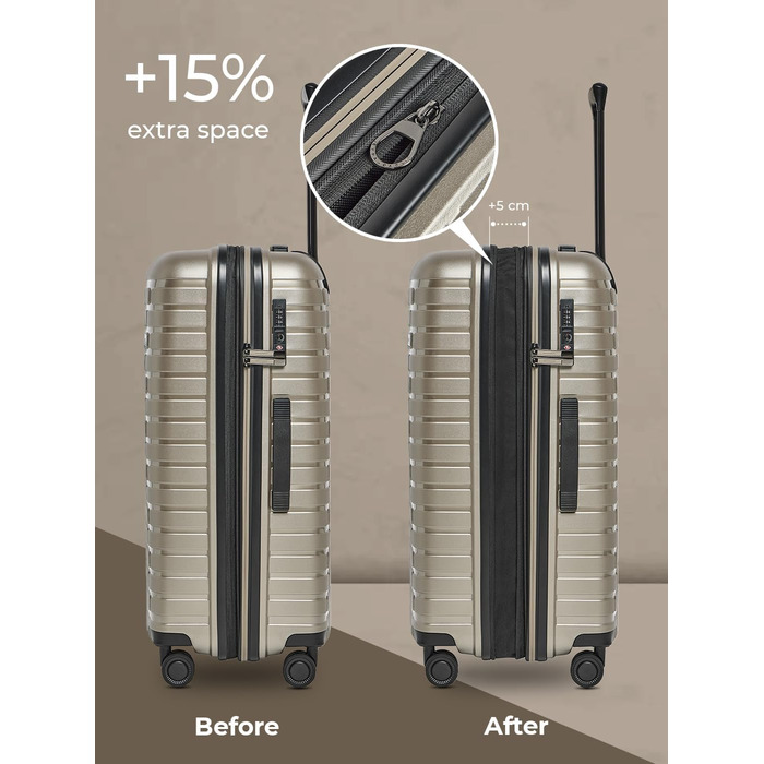 Чемодан на колесах середнього розміру з жорстким корпусом, 66 см, розширюється до 75 літрів, з TSA-замком, з поліпропілену (Collection 04), колір шампань металік