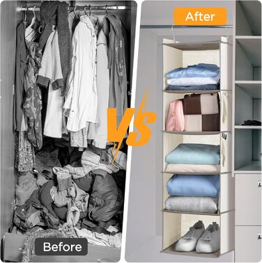 Організатор для шафи Cozary з 5 відділеннями, складаний, з металевими гачками (Бежевий)