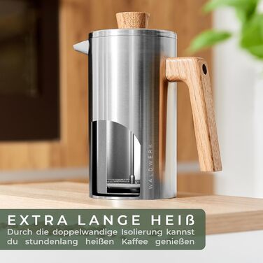 WALDWERK French Press (1L) - Coffee Maker made of double-walled stainless steel with an oak wood handle - plastic-free French Press 1L