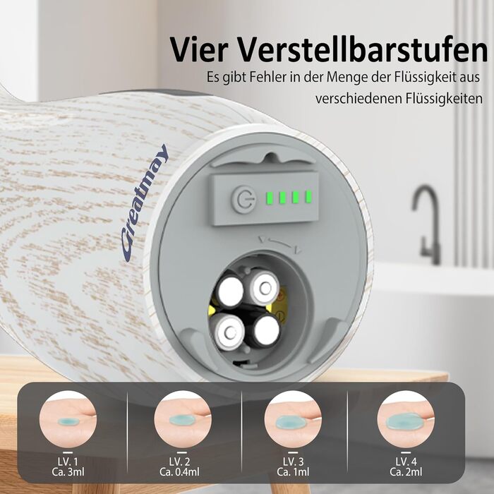 Greatmay Automatic Soap Dispenser - Touchless, Battery Operated, 300ml - Adjustable Settings, IPX6 Waterproof for Bathroom, Kitchen