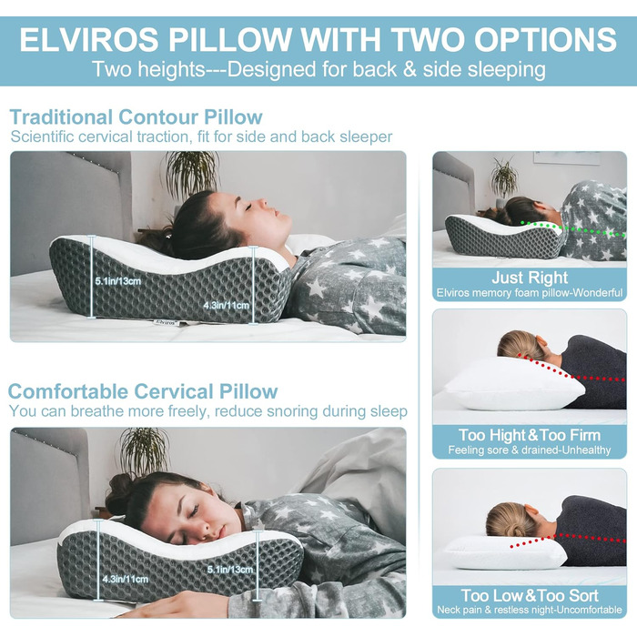 Elviros Orthopedic Pillow, Memory Foam Ergonomic Neck Support Pillow, Neck Pillow Head Pillow Neck Pain, Side Sleeper Pillow Stomach Sleeper Pillow, with Cover, Dark Grey