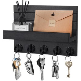 Дерев'яне ключниця на стіну з полицею, чорний колір, 5 гачків, для прихожої, спальні, вітальні