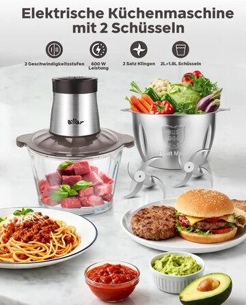 Електричний подрібнювач Bear 2L+1.8L з м'ясоподрібником, 600W, 2 швидкості, 4 леза з нержавіючої сталі, скляна ємність для м'яса, дитячого харчування, фруктів та овочів