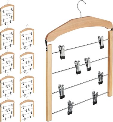 Relaxdays 10 x Rockbügel multi-clamp, trouser hanger wood, 360° rotatable hook, clothes hanger non-slip, HBT 45,5x39x2,5cm, Silver/Natural