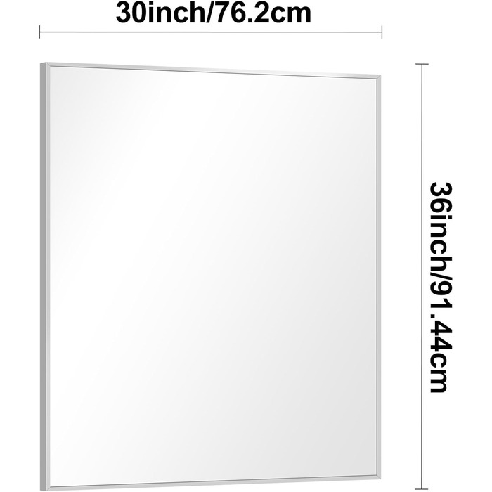 Дзеркало для ванної кімнати BONEWEI, 61 x 121,9 см, прямокутне, настінне, з рамою, косметичне, з заокругленими кутами, для спальні, вітальні, передпокою, горизонтальне (срібне прямокутне, 90x75 см)