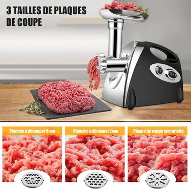 Electric Meat Grinder 2800W 3-in-1 Stainless Steel Meat Grinder with 3 Plates (3mm, 5mm, 7mm), Kubbe Attachment & Sausage Stuffer, 80kg/hr - Black