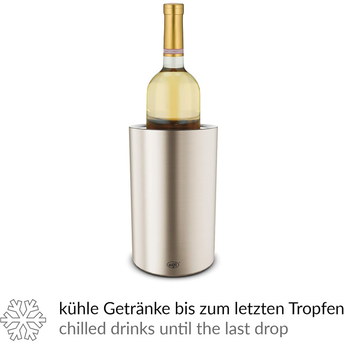 alfi SECCO, Stainless steel bottle cooler for 0.70 to 1l bottles, wine, sparkling wine. Keeps drinks cool without condensation or ice cubes, keeping drinks refreshingly cold until the very last drop. Drinks are dishwasher-safe and BPA-free (Champagne Mat, cylindrical)