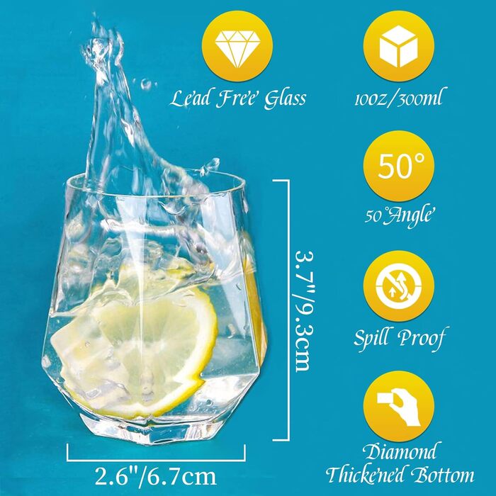 Diamond Whiskey Glasses 4-Piece Set, Tilted Scotch Glasses 300 Ml, Modern Look Whiskey Glasses for Men, Women, Dad, Husband, Friends, Glassware for Bourbon/Rum/Bar Tumbler, Clear + Gold Rim 4