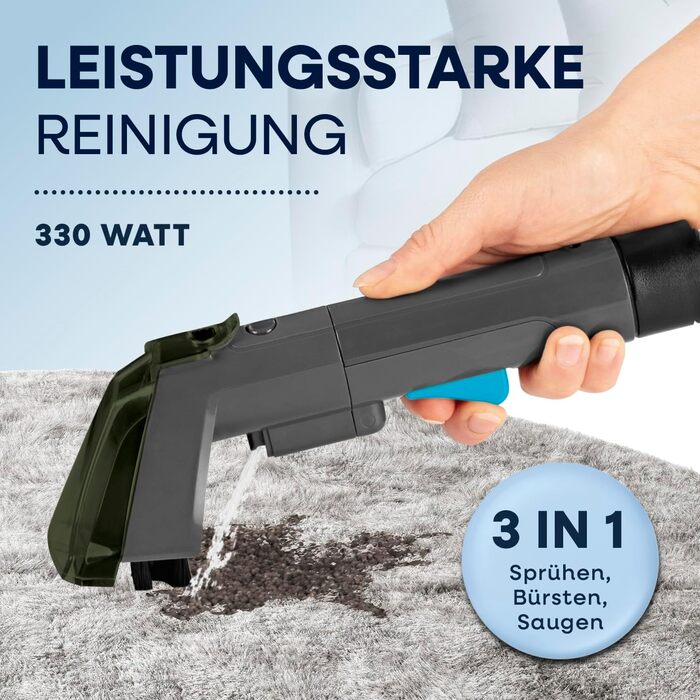 CLEANmaxx Професійний пароочисник для меблів та килимів Pro Steam | 3-в-1: очищувач меблів, точковий очищувач, пральний пилосос | Видаляє плями з килимів, авто, диванів тощо. (Чорний з шампунем, компактний 330W)