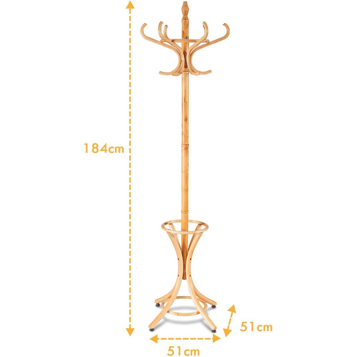 COSTWAY 184cm Wardrobe Rack with Umbrella Holder, Coat Rack with 12 Clothes Hooks, Clothes Rack made of Wood, Freestanding Wardrobe for Entryway, Living Room, and Bedroom (Natural)