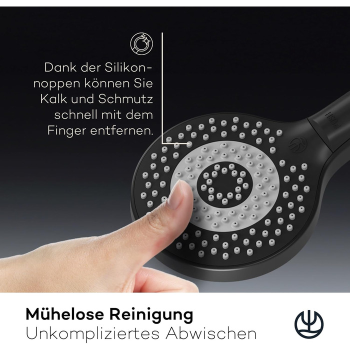 KLUDI-X3 Universal Shower Head with Hose, Shower Spray Optional - Water-Saving with 3 Spray Patterns (Body, Hair, Skin), Easy-to-Clean Shower Head Ø 11.7 cm, Shower Hose 1.60 m (3 Spray Patterns, Matte Black)