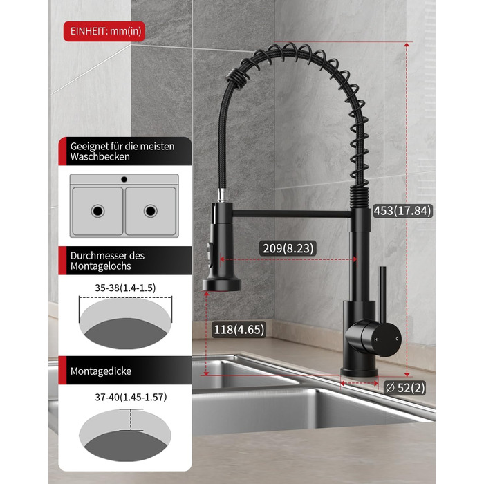 Кухонний змішувач Rainsworth з нержавіючої сталі, чорний, з висувною лійкою та двома струменями, 360° обертання, 45 см