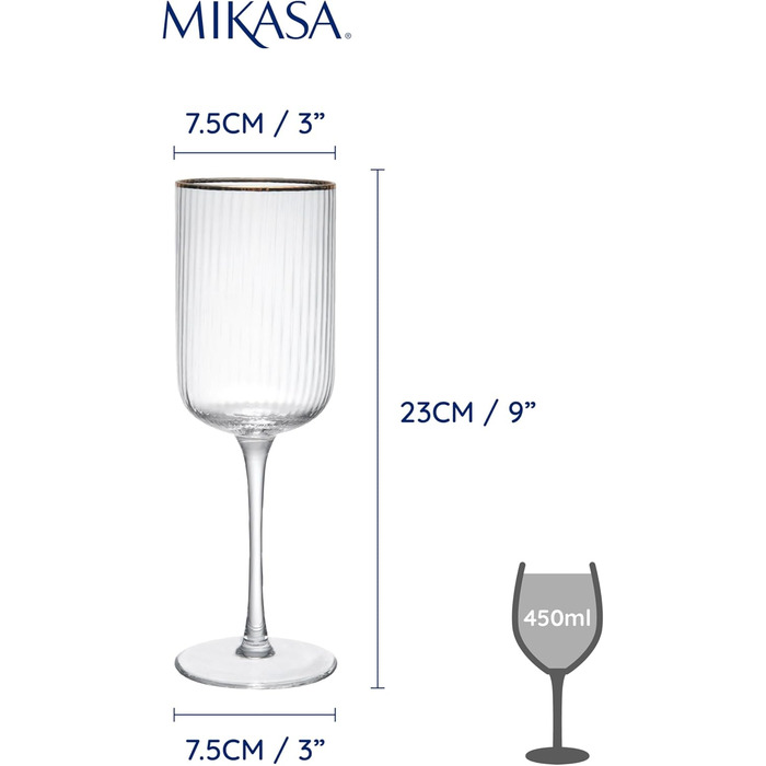 Кришталеві келихи MIKASA Sorrento для червоного вина з золотим обідком, 375 мл, набір 4 шт, без свинцю, прозорі, елегантні, класичний дизайн для свят, 31.2 x 7.8 x 23 см