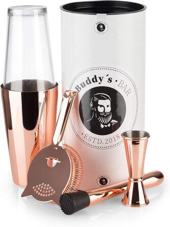 Boston Bar Set, 700 ml, Boston Cocktail Shaker, Bar Measuring Cup, Muddler, Bar Strainer, Food-Grade, Bar Set including Gift Box, (Polished Copper)