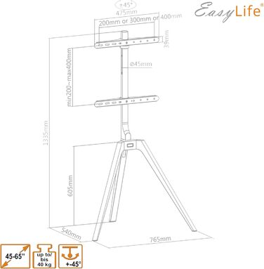 Стійка для телевізора EasyLife з дерева, трипод, для телевізорів/моніторів до 65 дюймів, 40 кг, поворотна, регульована по висоті, з кабелеуправлінням, VESA до 400x400 (Чорний/Бук)