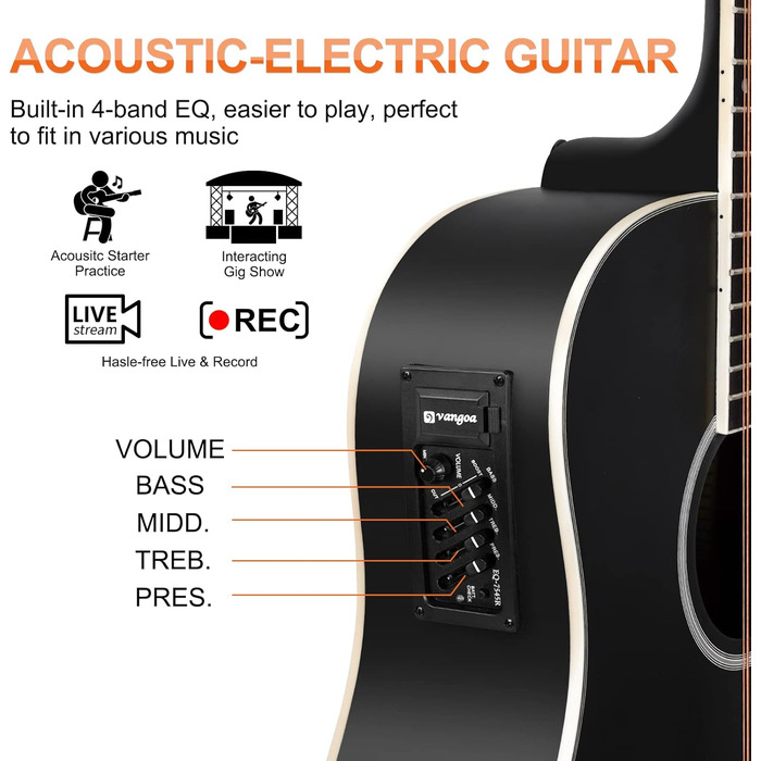 Електроакустична гітара Vangoa 41 дюйм, 12-струнна, чорна, з підсилювачем та 4-х смуговим еквалайзером