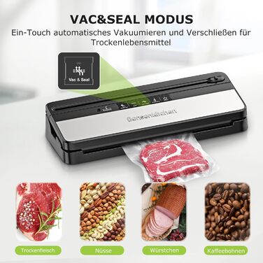 Bonsenkitchen Вакуумний пакувальник: для сухих та вологих продуктів, з вбудованим різаком, 1 рулон плівки, 50 професійних пакетів (Basic Black)