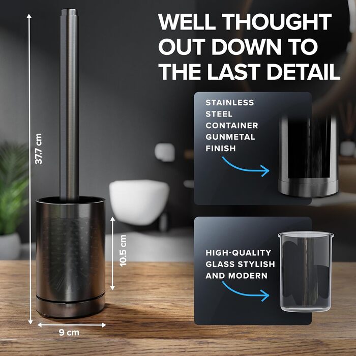 Торцева щітка для унітазу Arosund | Силіконова щітка для унітазу | З вентиляцією | Свободно стояча | Головка щітки з нержавіючої сталі | З резервуаром для мийного засобу | Знімний піддон для крапель | Щітка для унітазу (Gunmetal)