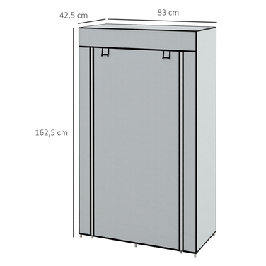 HOMCOM Fabric Closet, Space-Saving Wardrobe with 5 Compartments & Clothes Rail, Zipper, Folding Closet in Light Grey