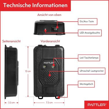PATTLER® Захист від куниць для авто з миготливим світлом, універсальне живлення 12V/AA/USB, ефективний відлякувач для автомобіля, горища, саду, 2 шт.
