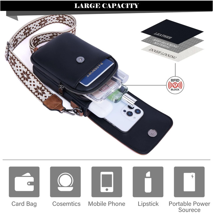 Сумка-органайзер на шию MUIIKOLA з RFID-захистом для смартфонів, жіноча, екошкіра, велика місткість, чорно-коричнева