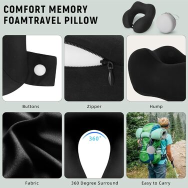 Подушка для шиї у подорожах: Memory Foam, для авто, літака, офісу та дому (чорна)