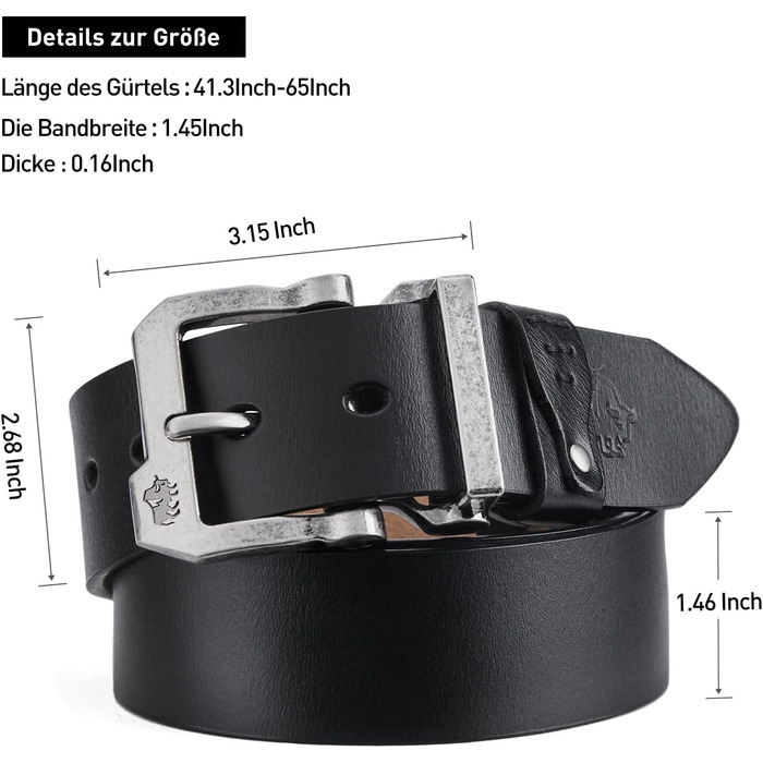 Чоловічий шкіряний ремінь BISON DENIM для джинсів та бізнес-стилю, ретро-дизайн, ширина 38 мм, довжина 130 см, чорний (W71694-2bm-black)