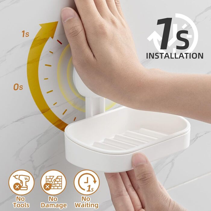 Тримач для мила LEVERLOC з піддоном, MAX 3 кг, настінний, без свердління, з присосками, для ванної кімнати та кухні, білий (2 шт.)