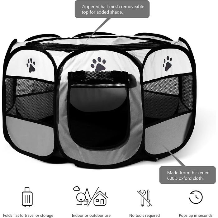 Клітка-забіг для собак та котів, переносний вольєр для тварин, 114x114x58 см, сірий