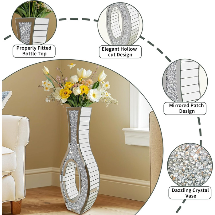 Ваза для квітів напольна 68 см, срібна ваза з кристалом для пампас трави, скляна ваза з дзеркальними діамантами, декоративна розкішна блискуча ваза для вітальні, декор інтер'єру – не для води (13L x 12.5B x 76.5H cm)