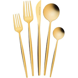 Karaca Orion Shiny Gold 30-Piece Cutlery Set - Knives, Forks, Spoons, Cake Forks, Stainless Steel, Dining Cutlery Tableware Set - Healthy and Hygienic, Modern Design