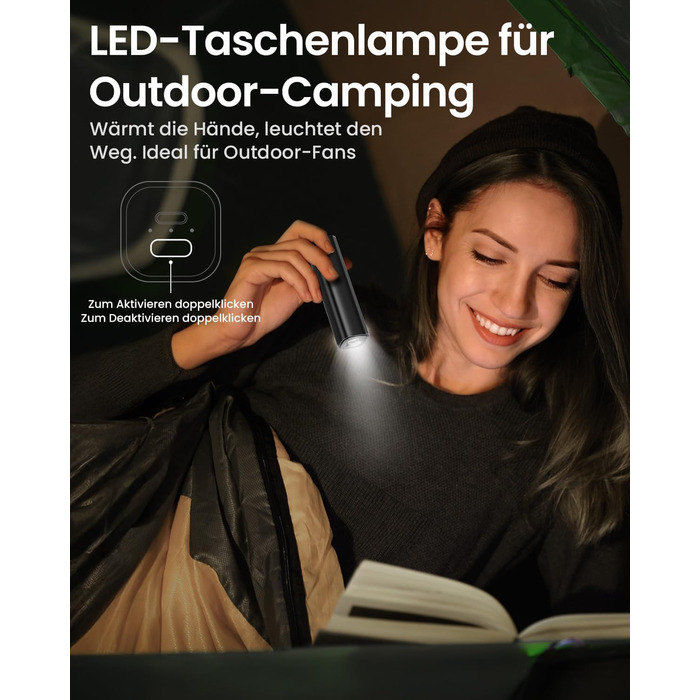 Електричний грієчка для рук Gaiatop 8000mAh з LED-ліхтариком, 2 шт. Магнітний, 3 температури, швидкий нагрів, для жінок, сім'ї, активного відпочинку, чорний