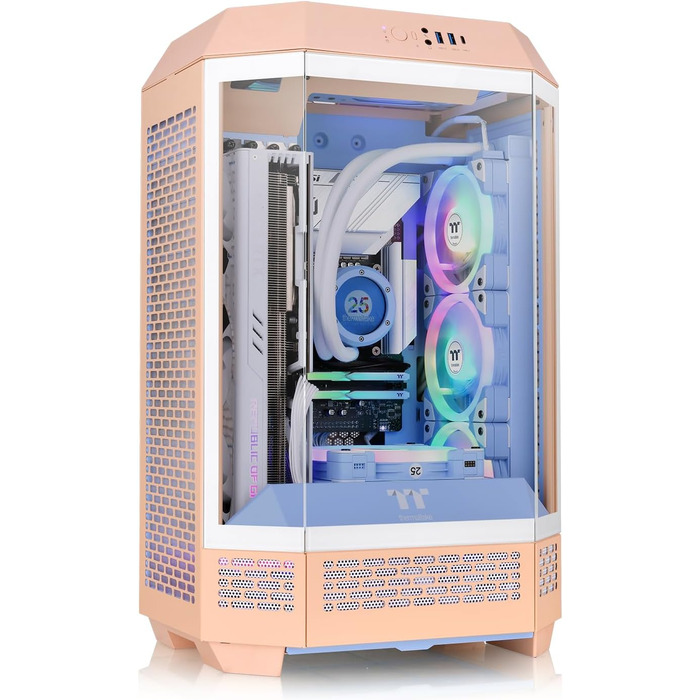 Thermaltake The Tower 300 Bumblebee: Корпус ПК Micro Tower (Micro-ATX/mini-ITX) з вертикальним дизайном, 3x Tempered Glass, 2x140mm PWM вентилятори, підтримка радіатора до 420mm, опціональний комплект для встановлення (Peach Fuzz)